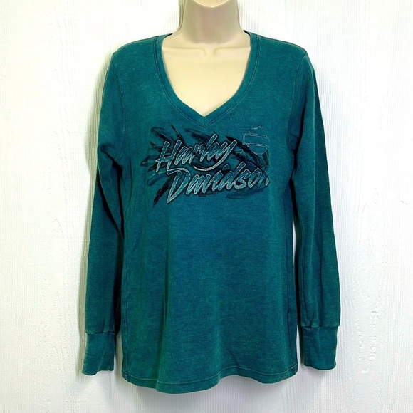 Harley Davidson - NWT New Smyrna Beach Mineral Wash V Neck Thermal Shirt Small - Picture 1 of 11
